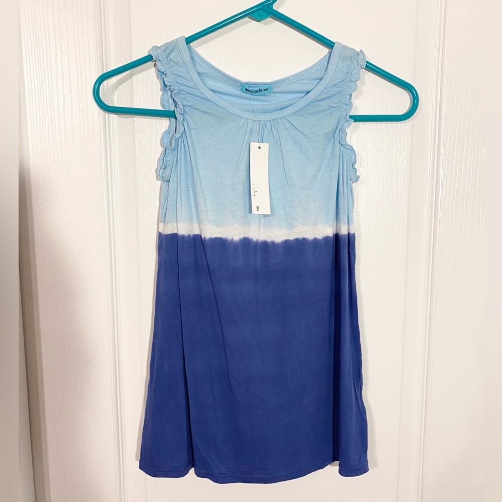 LAmade Gradient Blue Tie Dye Ruffled Cotton Knit Tank Top USA MADE Girl’s 14